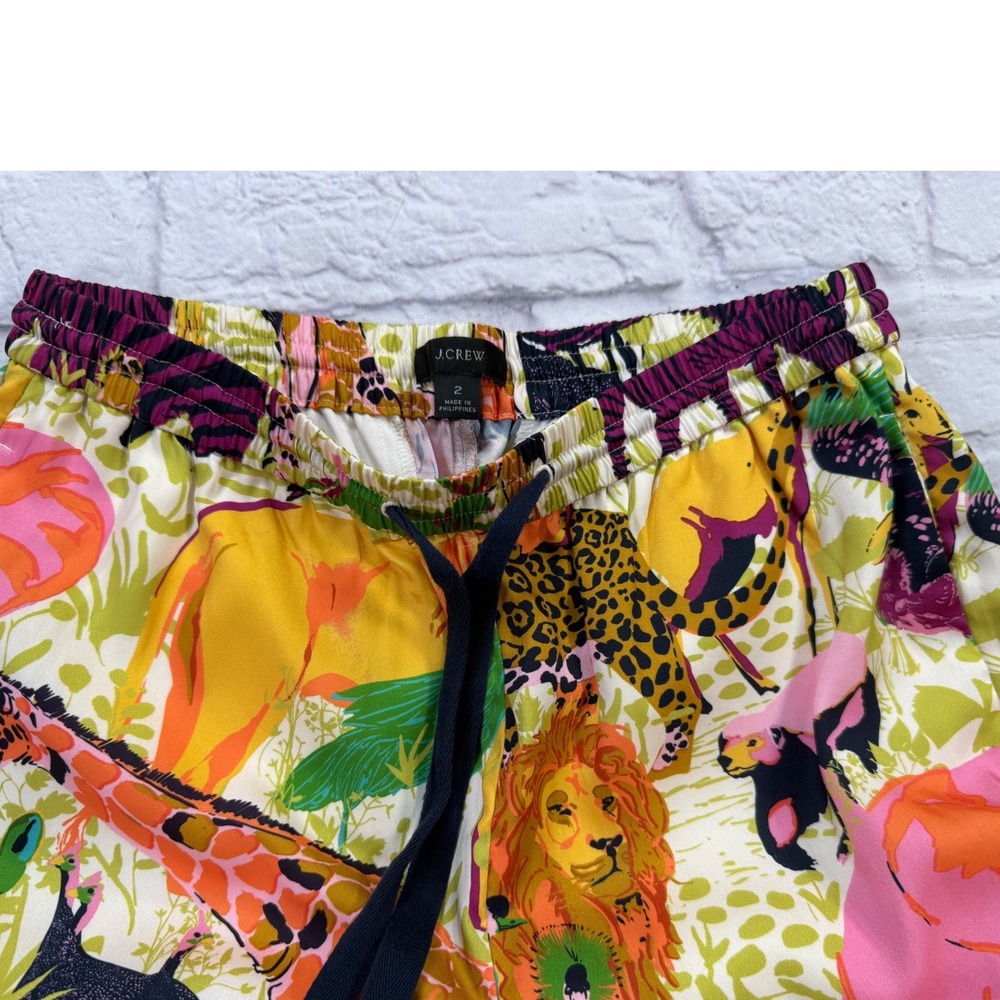 J.Crew Drapey Wide Leg Ratti Safari Animal Print Pants SZ 2 Tassel Drawstring - Picture 5 of 8